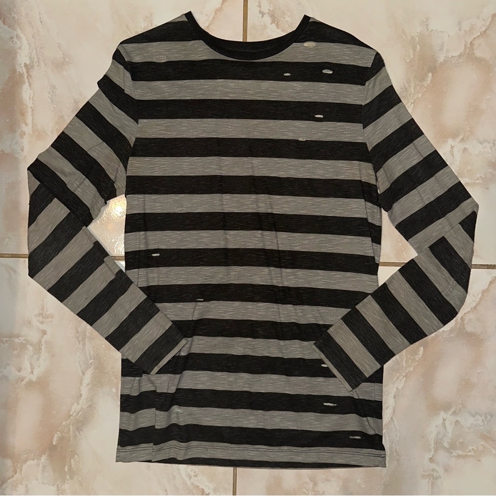 Striped Black and Gray Men's Distressed Long Sleeve